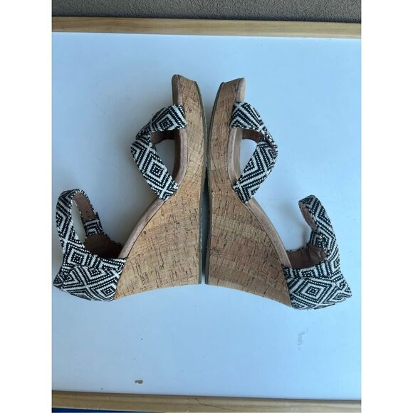 Toms Womens Size 9 Black White Canvas Cork Wedge Sandals Open Toe Ankle Strap - Picture 8 of 8